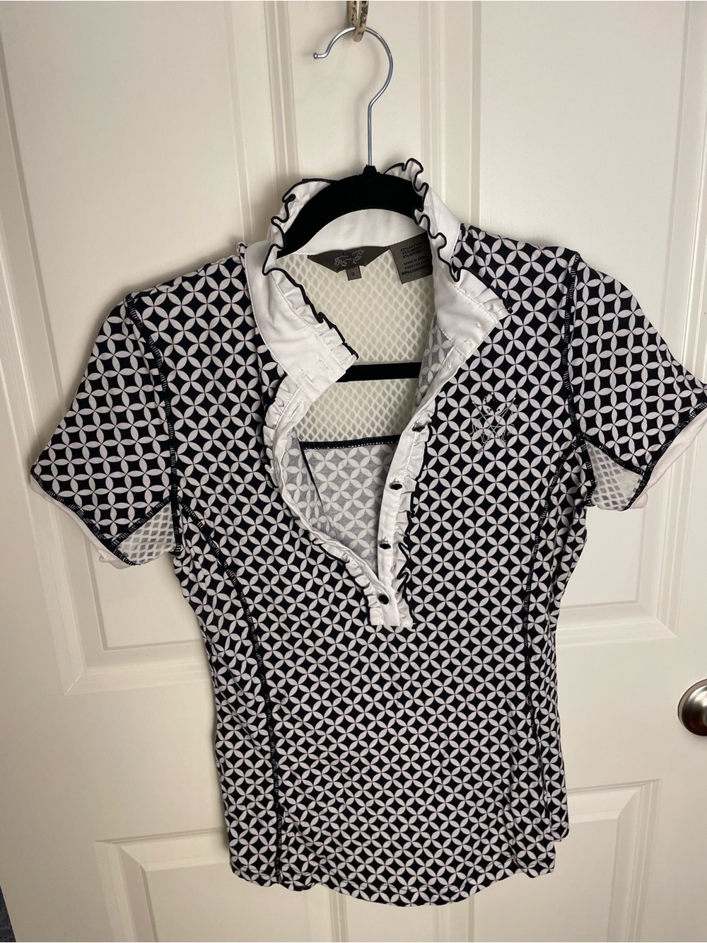 Black & White Geometric Ruffled Polo Top